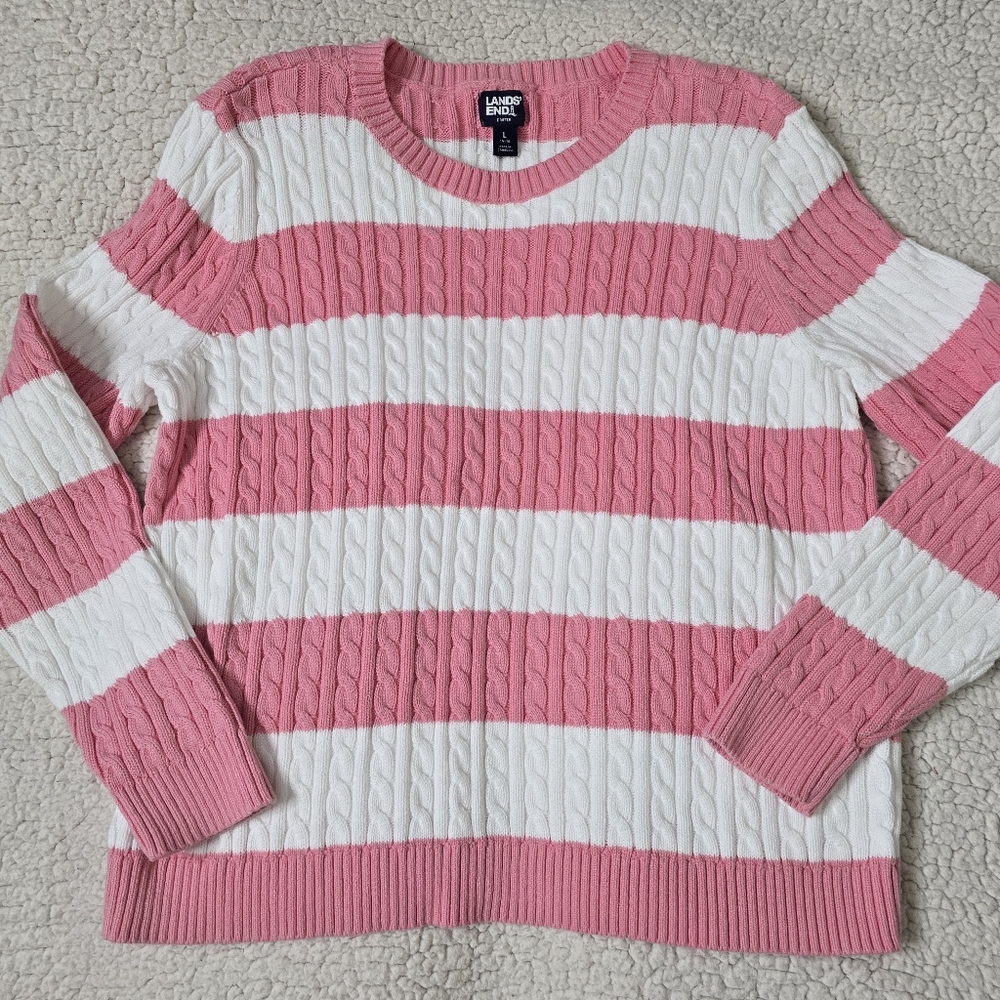 Lands' End Cotton Cable Knit Crew Neck Striped Sweater Size L
